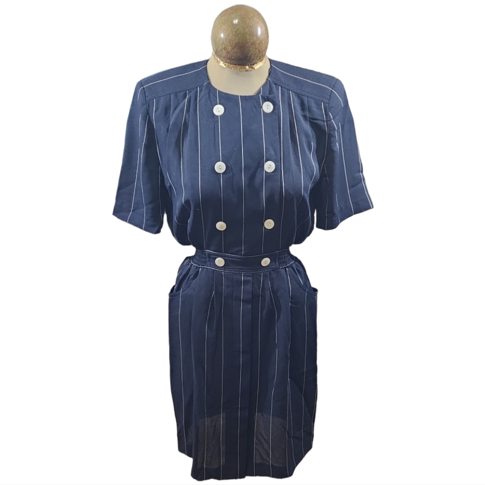 Vintage Leslie Fay Pleated Striped Dress Size 8 Petite